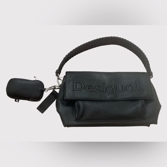 Desigual Handbags - Desigual soft Black Faux Leather Front Flap Logo Shoulder Bag
